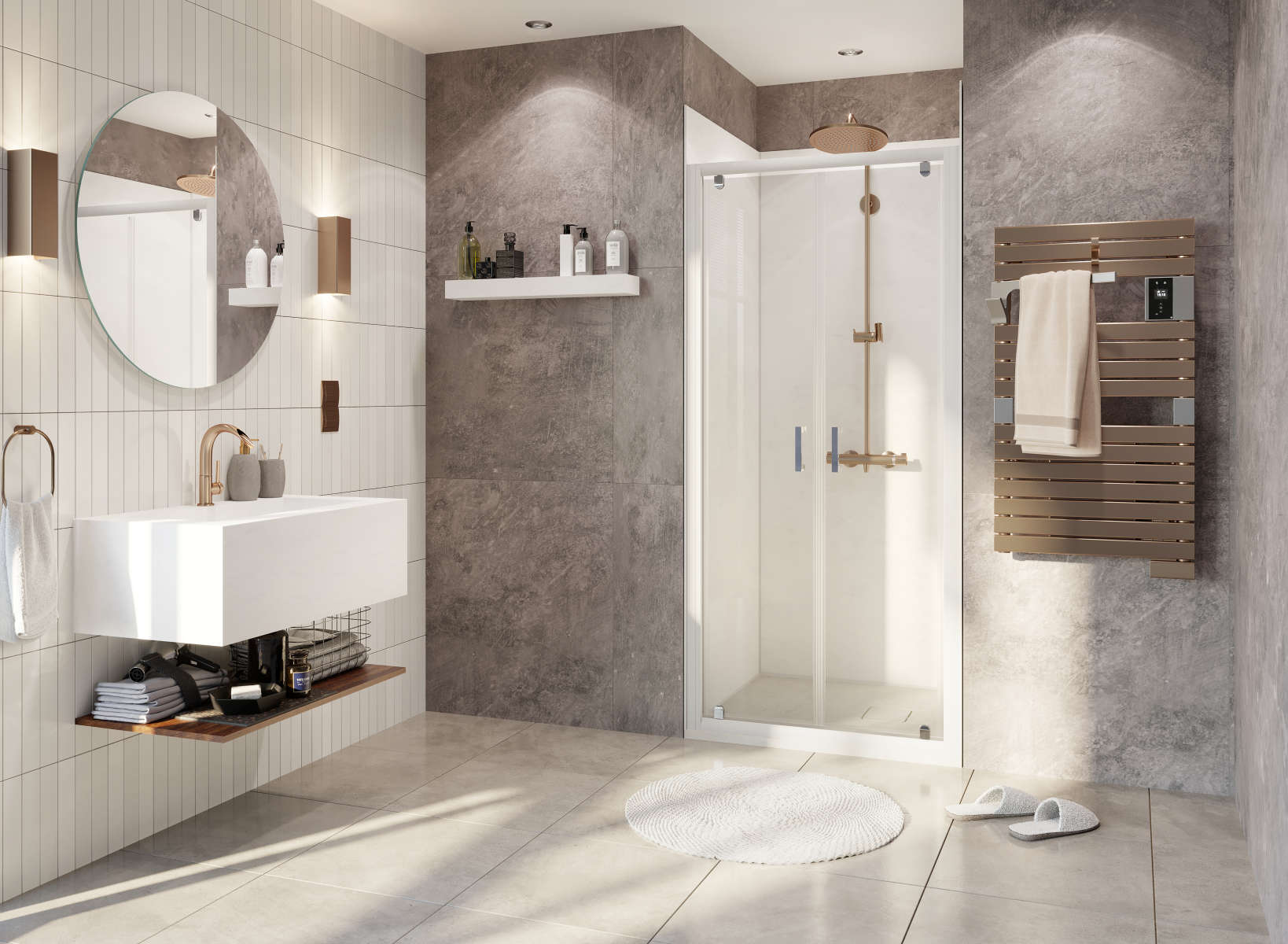 Photo d'ambiance d'un espace de douche Vinova composé d'une paroi EI 2BT avec un receveur de dimension 90x90 et un montage en niche